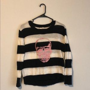 ROBIN K Striped B&W Sweater Pink Skull